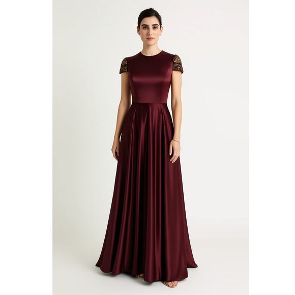 Mac Duggal Beaded Cap Sleeve Satin Gown 2 Wine NWT - Picture 1 of 9